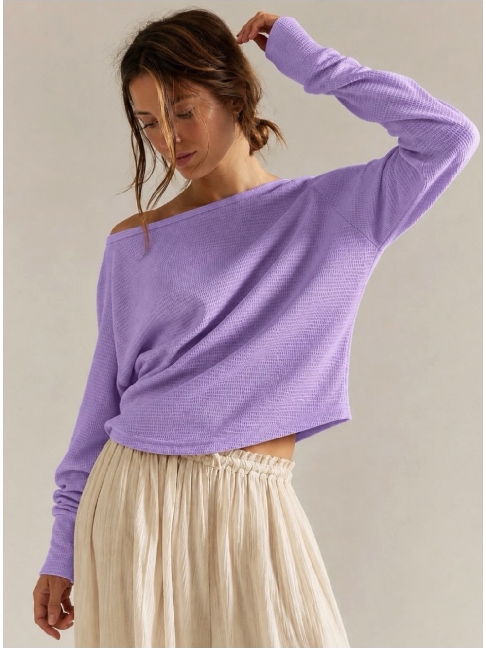 Free People Jess Long Sleeve Boatneck Thermal Tee Top Lavender Lilac Large NWT